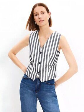 NWT LOFT Textured Navy Blue White Striped Button Front Pocket Vest Top Size L